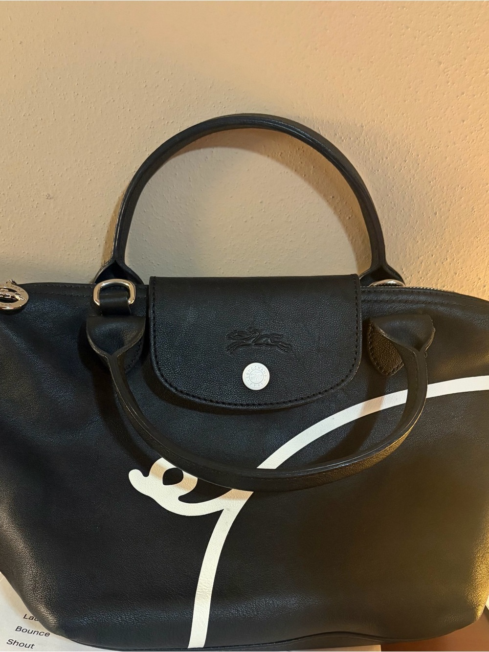 Longchamp Black Tote with White Graphic
